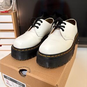 Dr. Martens White Platform 3-Eye Derby with Yellow Stitching